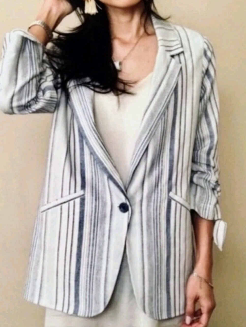 DREW Revolve Catalina Blazer M Blue Striped Linen Blend